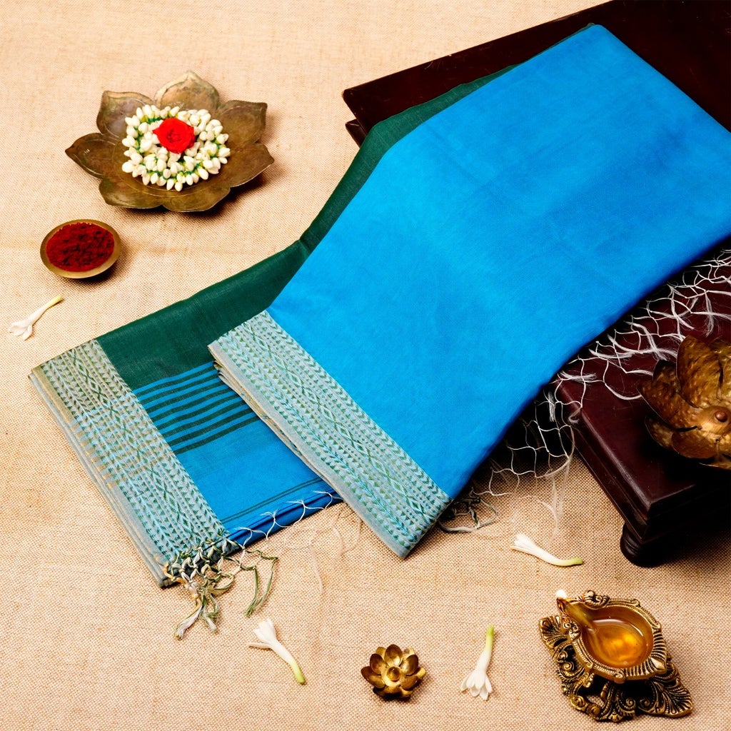 Deep Sky Blue & Bottle Green Silk Cotton Energized Saree