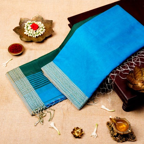 Deep Sky Blue & Bottle Green Silk Cotton Energized Saree