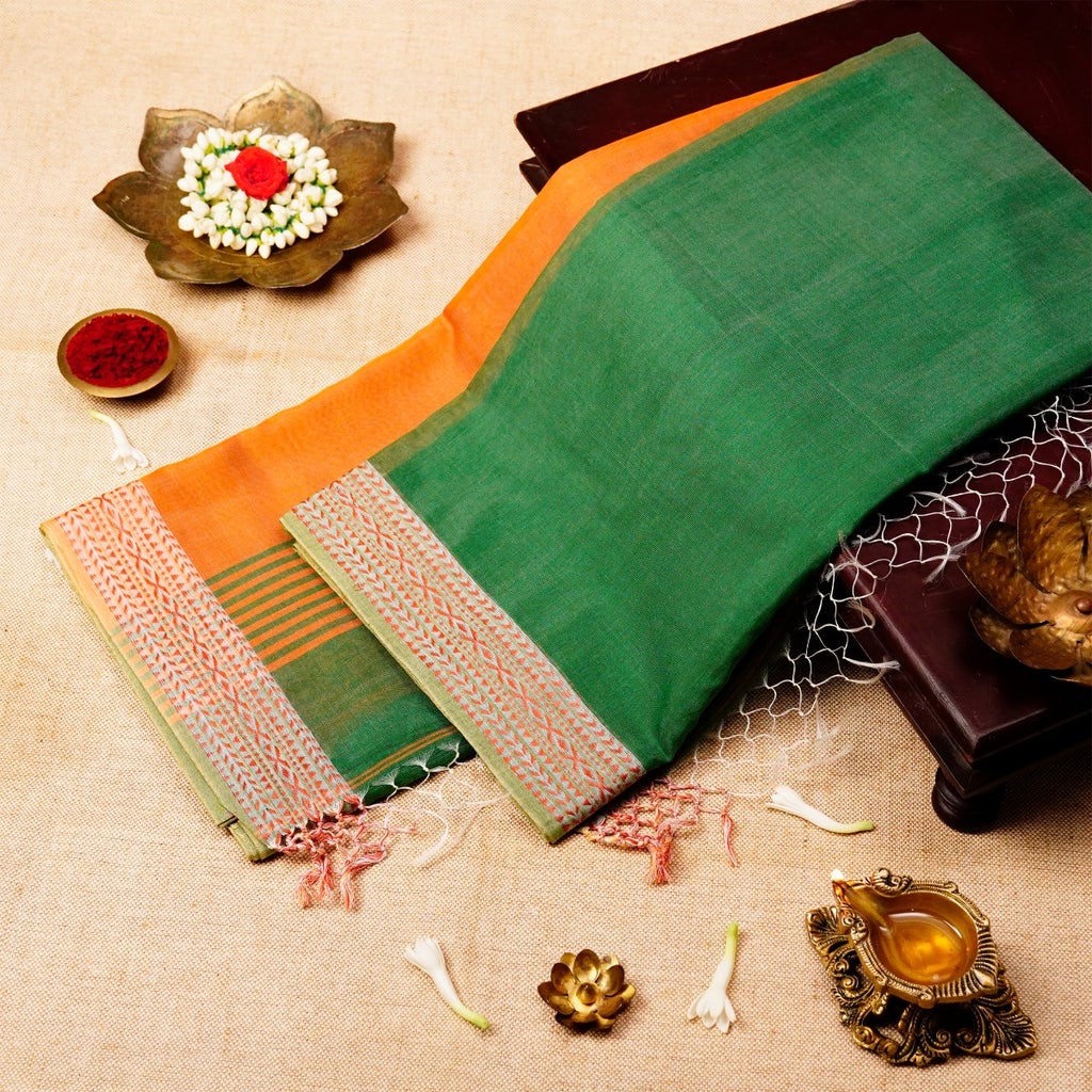 Dark Leafy Green & Tangerine Orange Silk Cotton Energized Saree