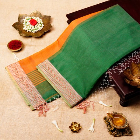 Dark Leafy Green & Tangerine Orange Silk Cotton Energized Saree