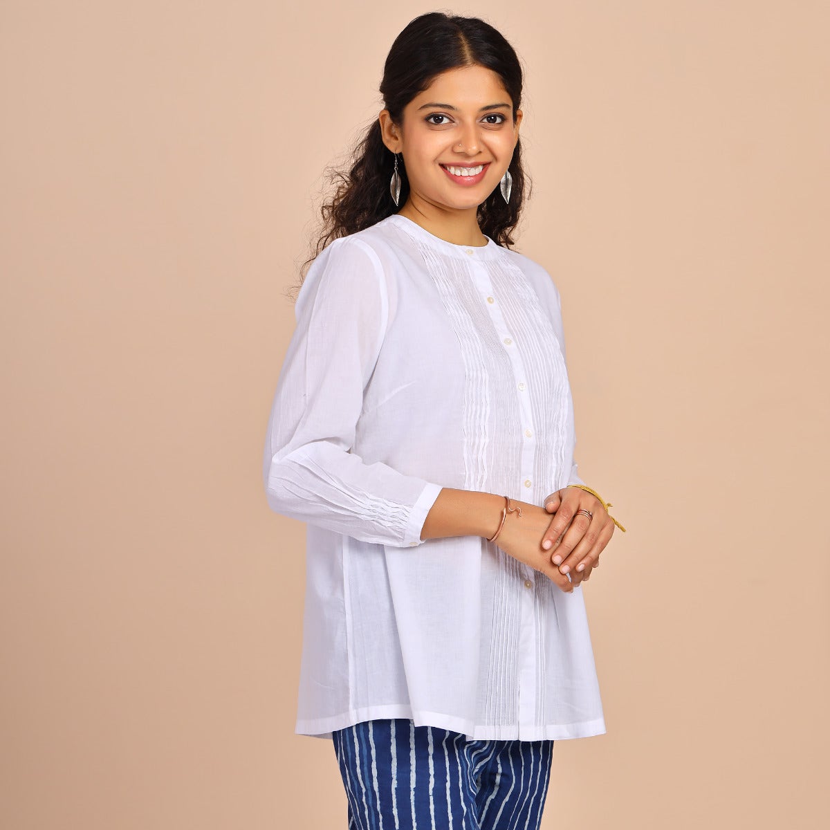 Womens Cotton Shirt With Pin Tucks - White