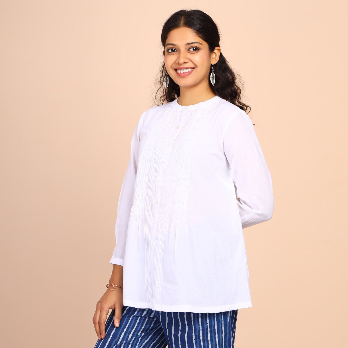 Womens Cotton Shirt With Pin Tucks - White