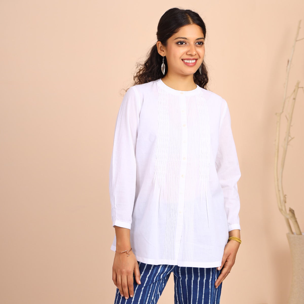 Womens Cotton Shirt With Pin Tucks - White