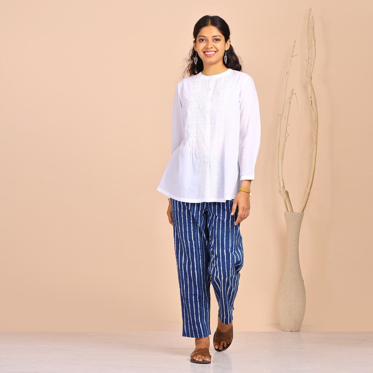 Womens Cotton Shirt With Pin Tucks - White