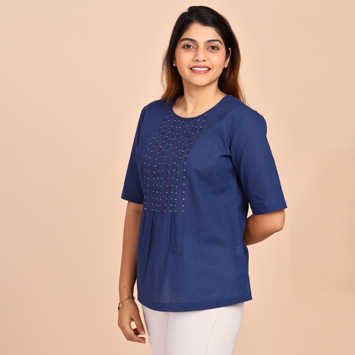 Slub Cotton Boat Neck Tops - Navy
