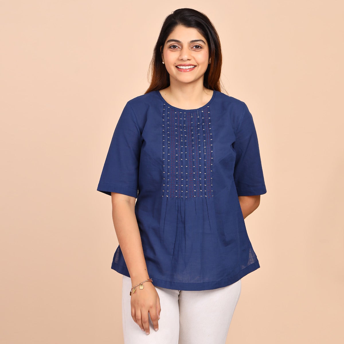 Slub Cotton Boat Neck Tops - Navy