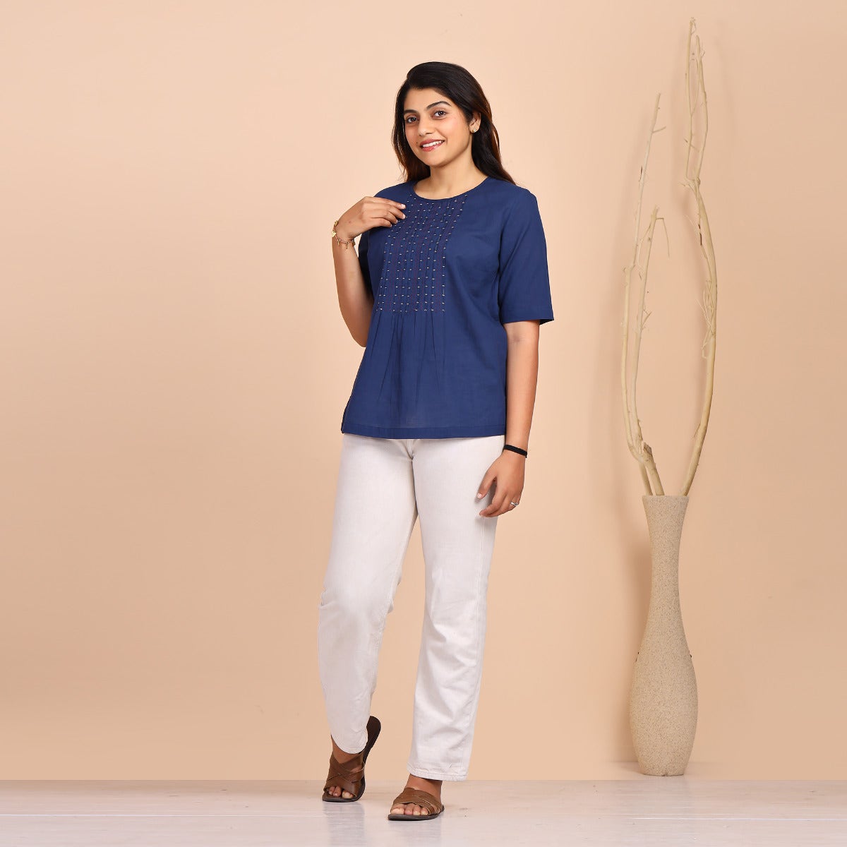 Slub Cotton Boat Neck Tops - Navy