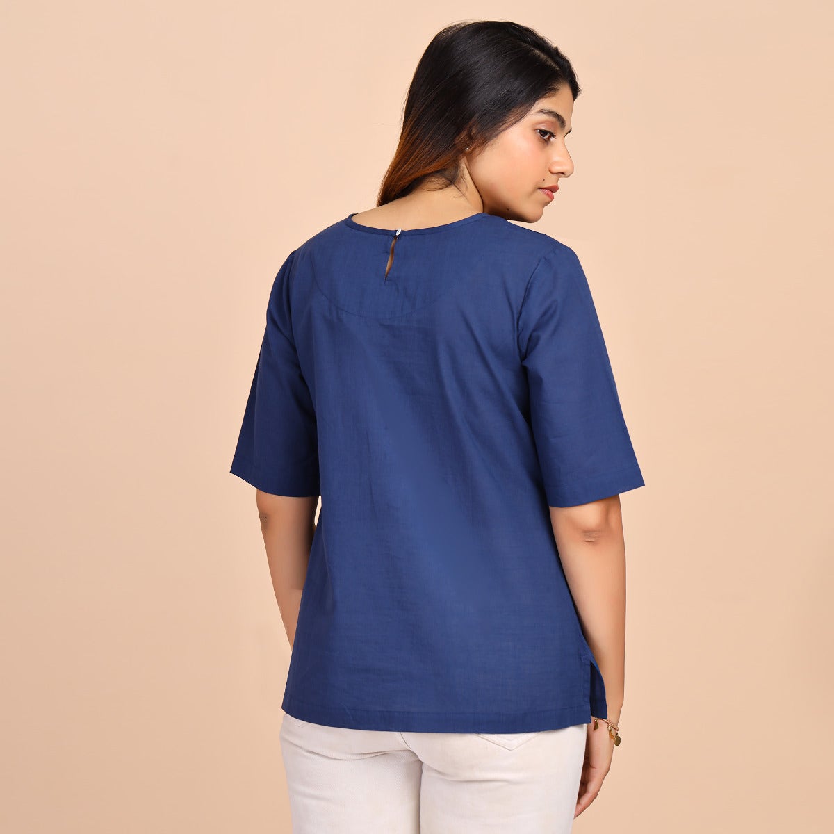 Slub Cotton Boat Neck Tops - Navy
