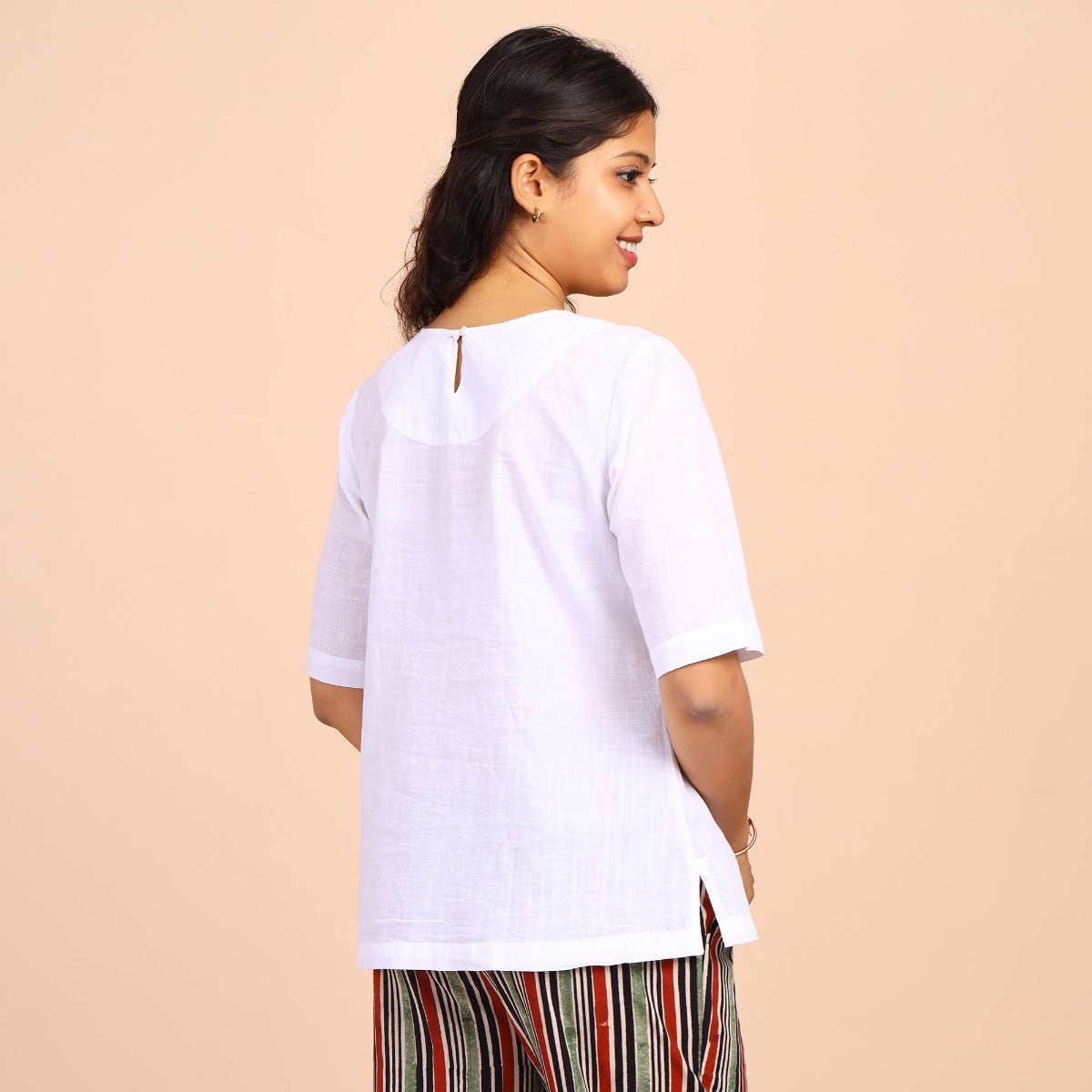 Slub Cotton Boat Neck Tops - White