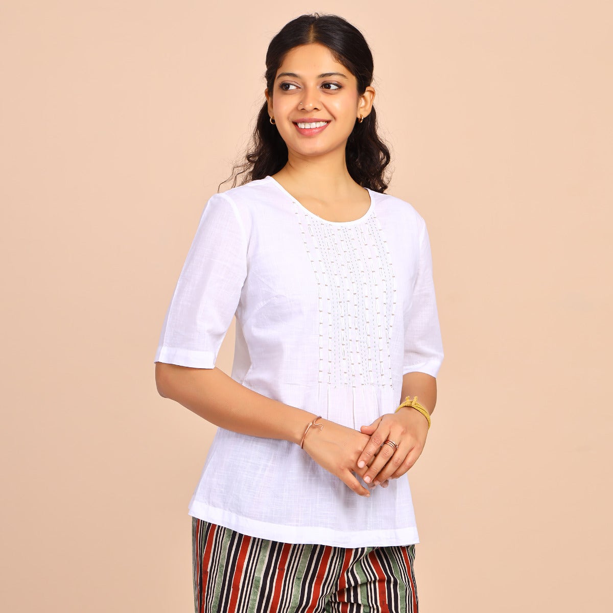 Slub Cotton Boat Neck Tops - White