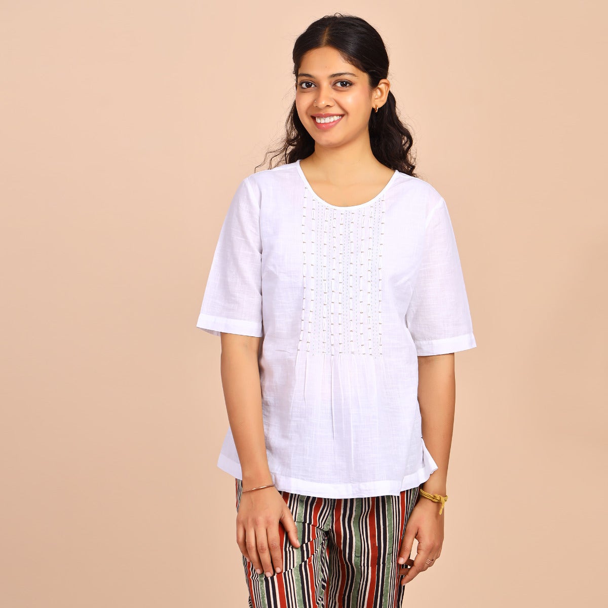 Slub Cotton Boat Neck Tops - White