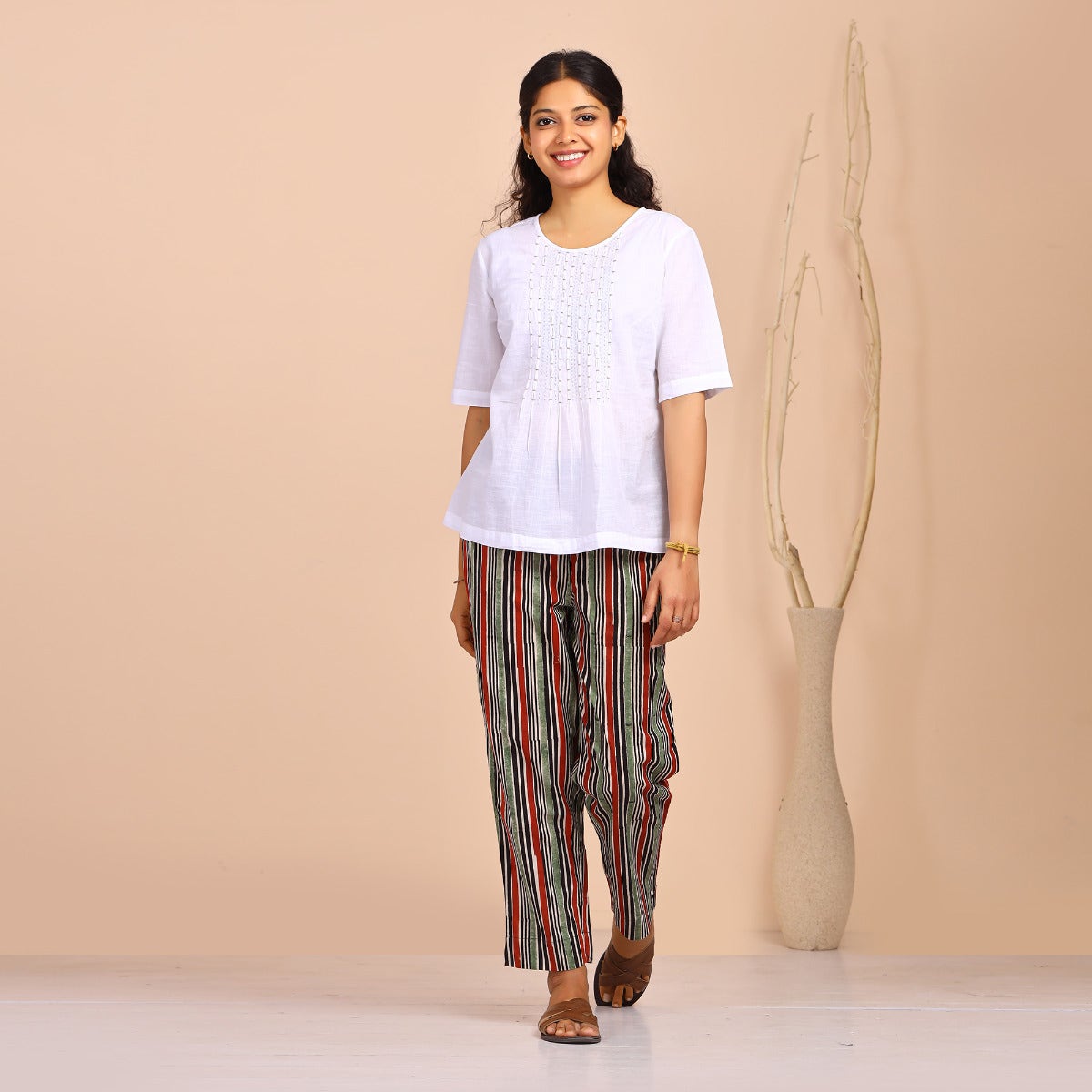 Slub Cotton Boat Neck Tops - White