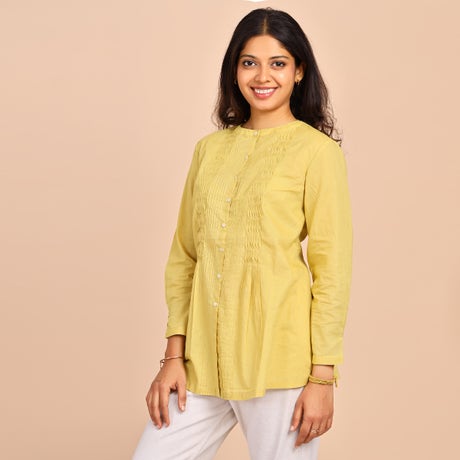 Womens Solid Dyed Cotton Shirt With Pin Tucks - Soft Yellow