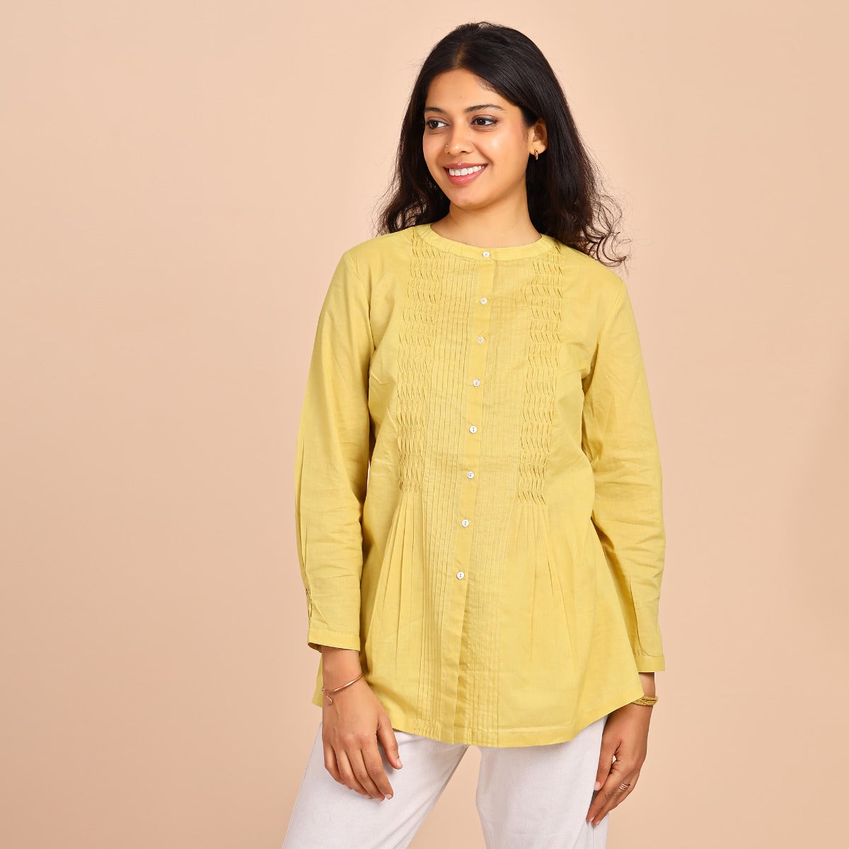 Womens Solid Dyed Cotton Shirt With Pin Tucks - Soft Yellow