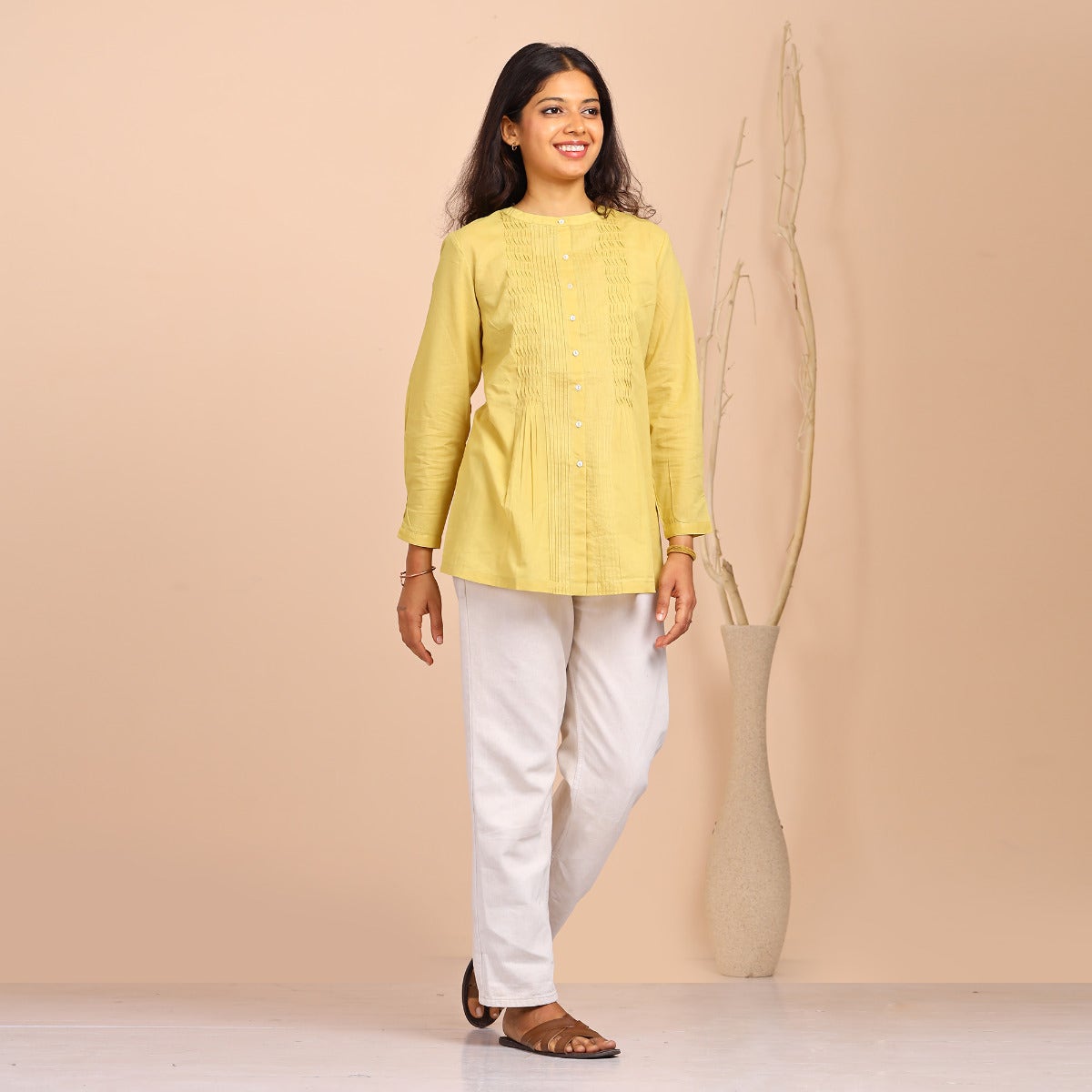 Womens Solid Dyed Cotton Shirt With Pin Tucks - Soft Yellow