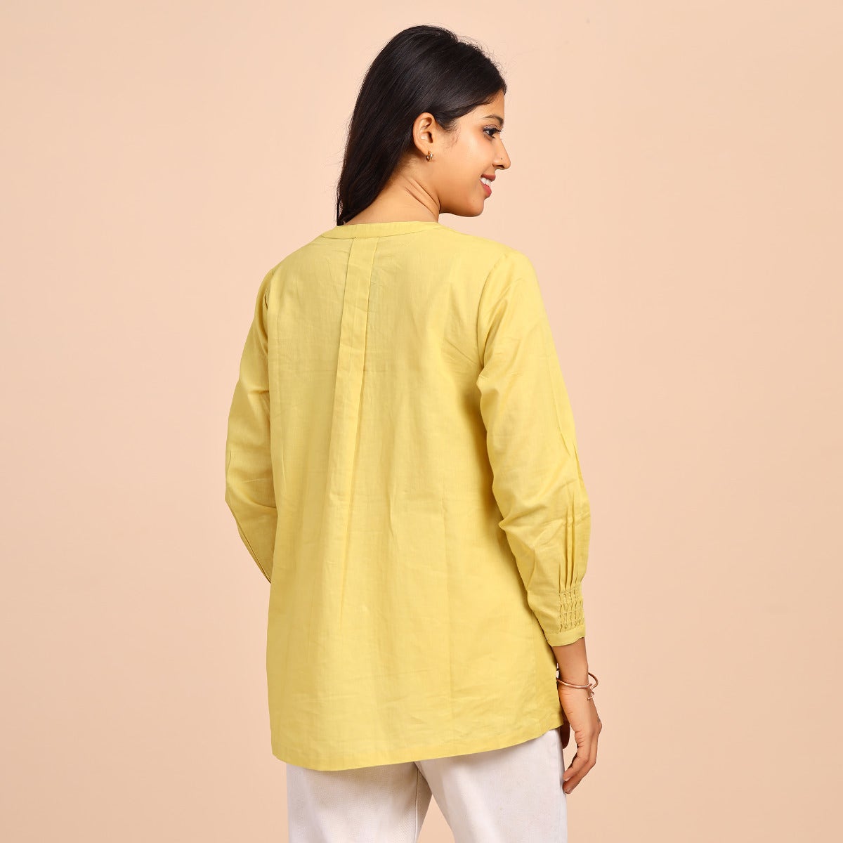 Womens Solid Dyed Cotton Shirt With Pin Tucks - Soft Yellow