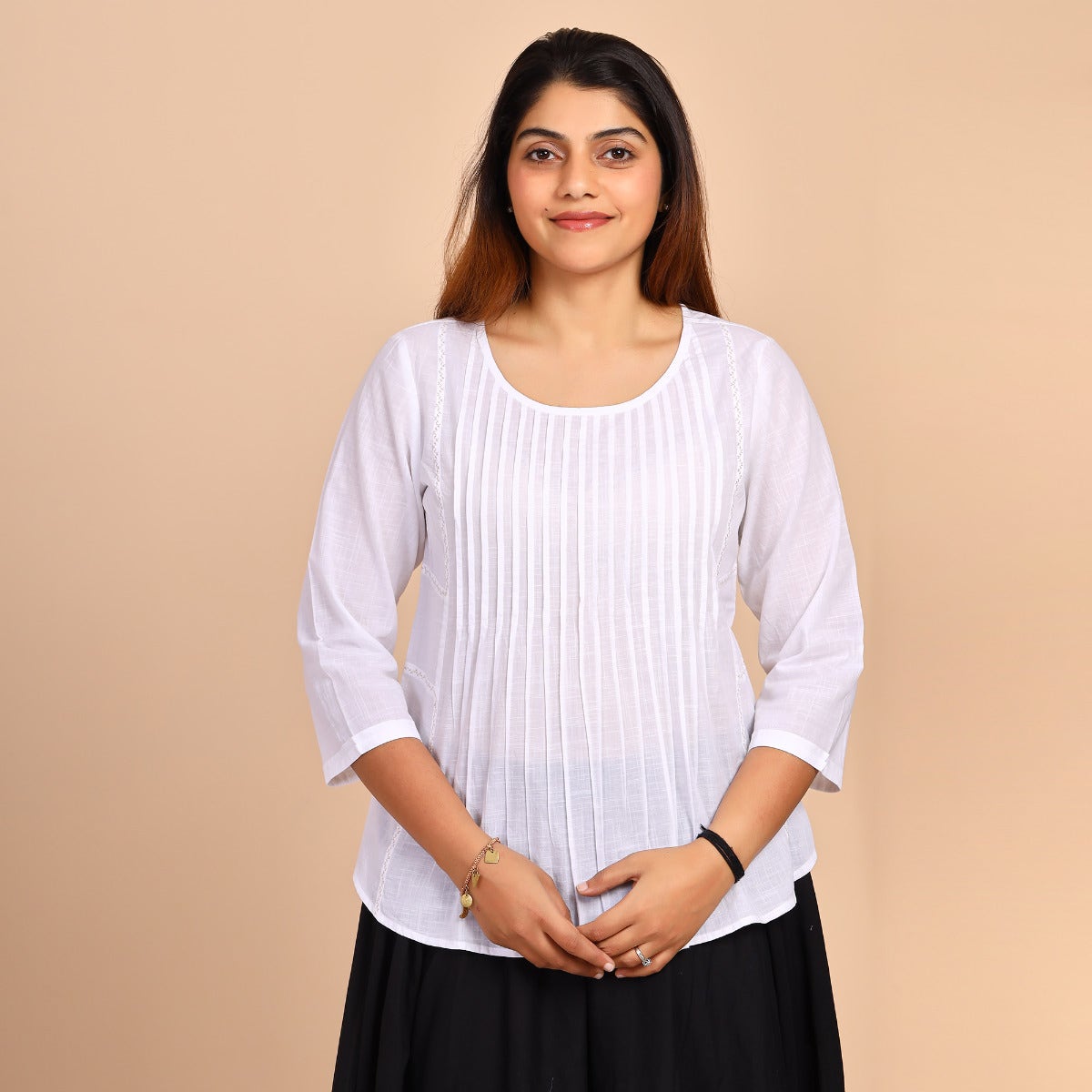 Slub Cotton Top With Pleats - White