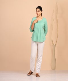 Solid Dyed Slub Cotton Top With Pleats - Sea Green