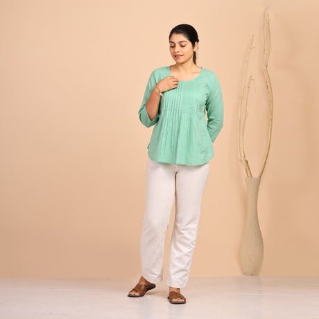 Solid Dyed Slub Cotton Top With Pleats - Sea Green