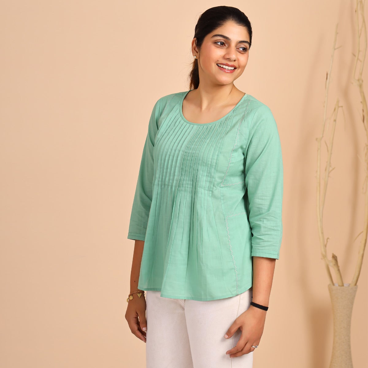Solid Dyed Slub Cotton Top With Pleats - Sea Green