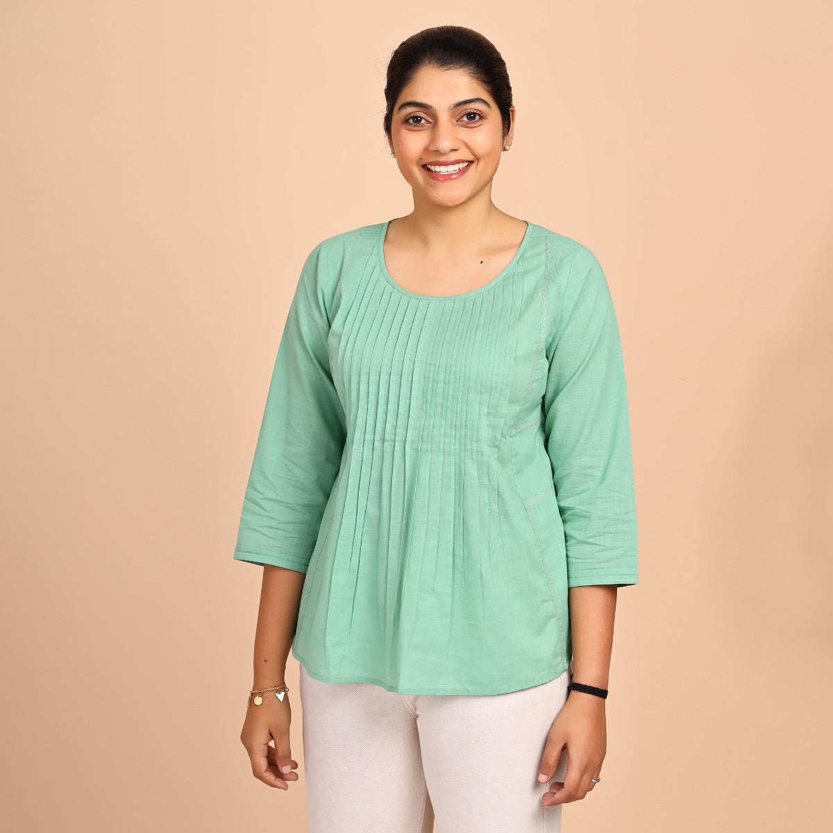 Solid Dyed Slub Cotton Top With Pleats - Sea Green