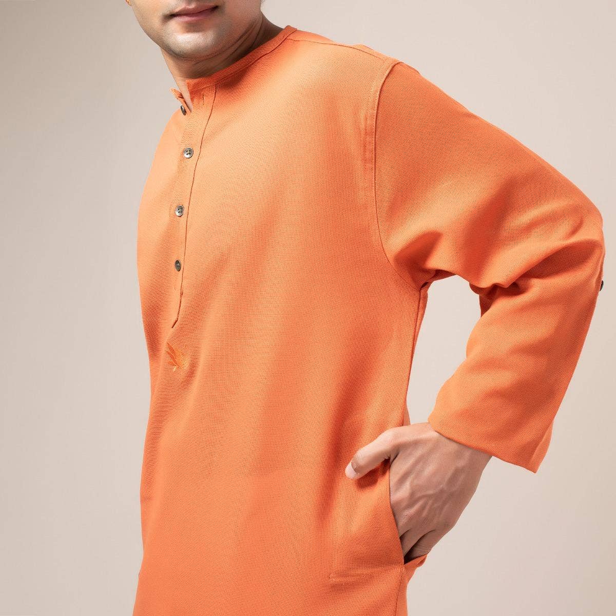 Premium Cotton Collarless Long Kurta - Brick Red