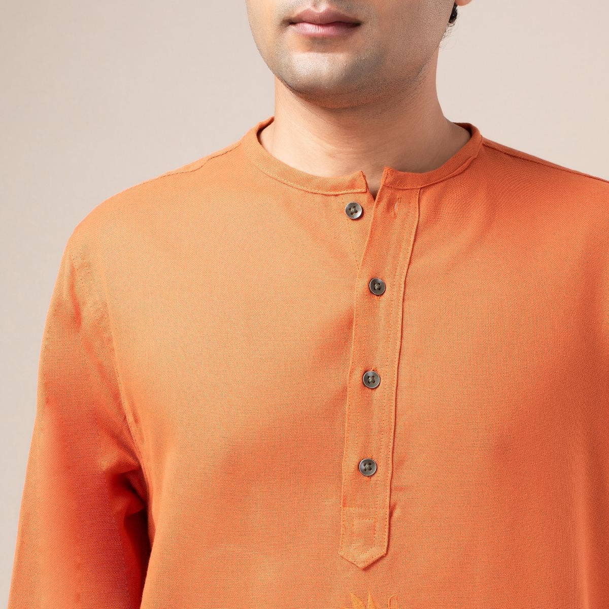 Premium Cotton Collarless Long Kurta - Brick Red