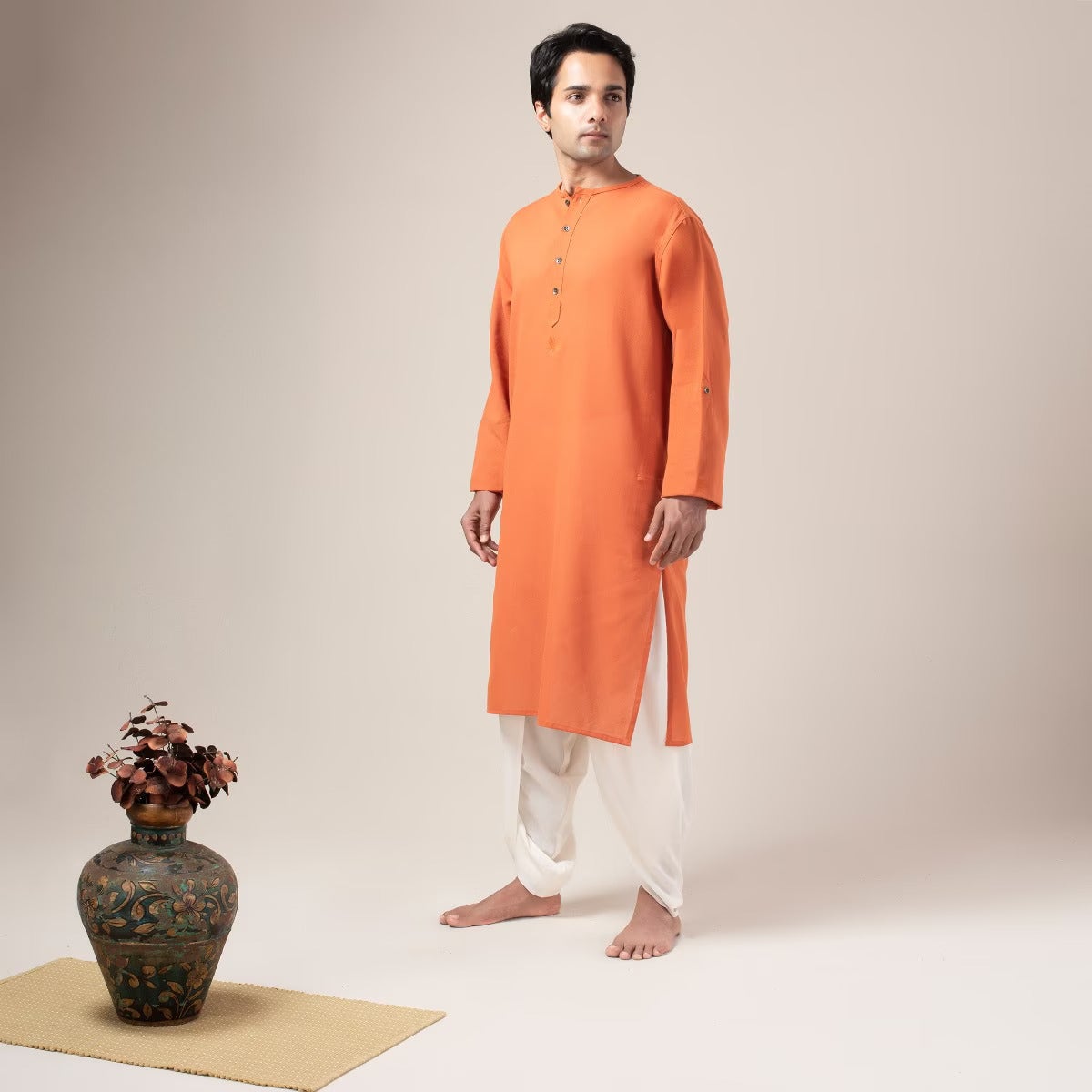 Premium Cotton Collarless Long Kurta - Brick Red
