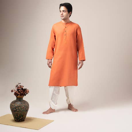 Premium Cotton Collarless Long Kurta - Brick Red