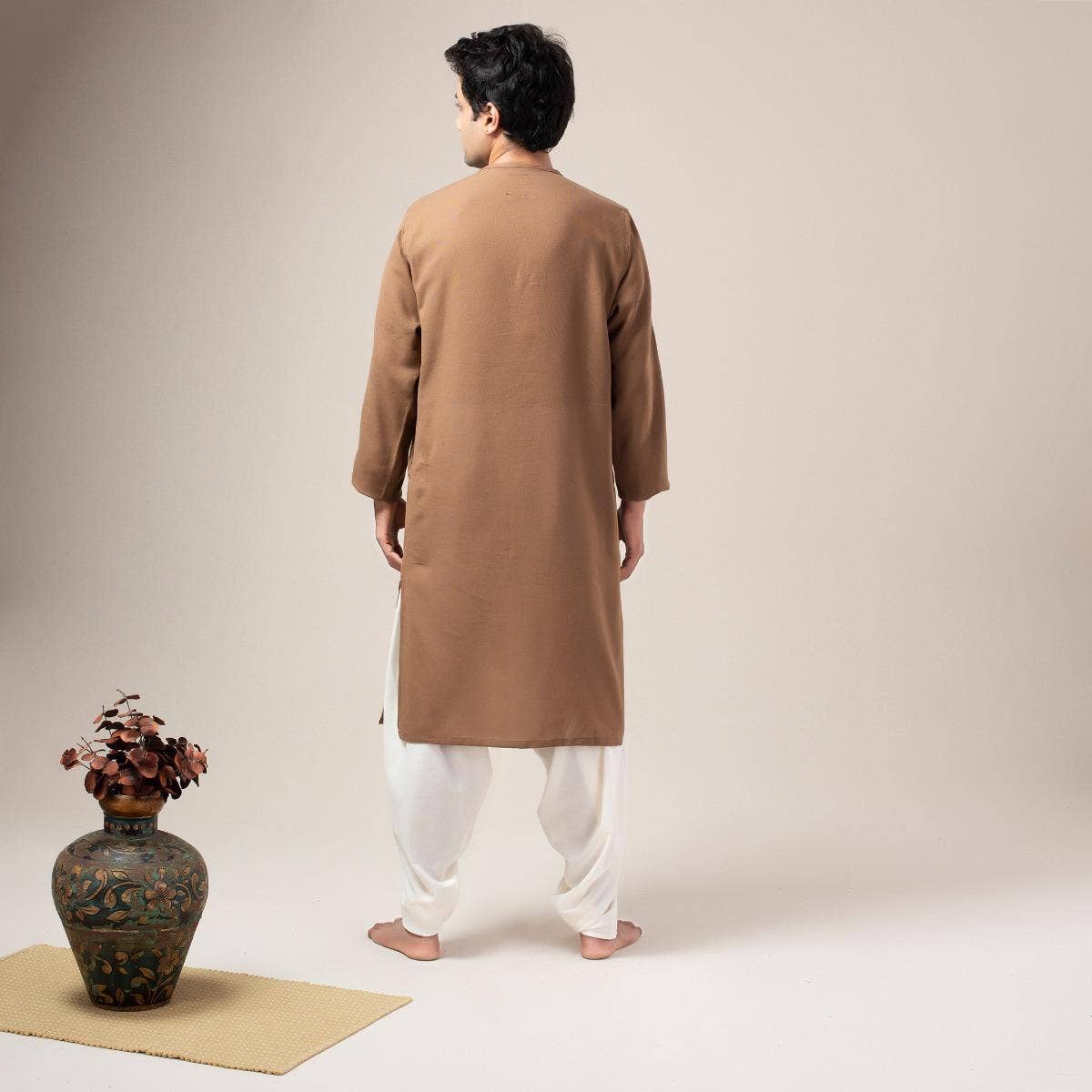 Premium Cotton Collarless Long Kurta - Brown