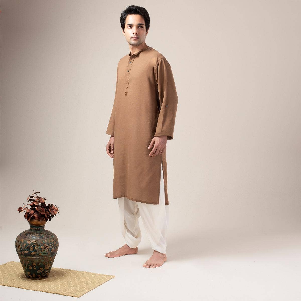 Premium Cotton Collarless Long Kurta - Brown