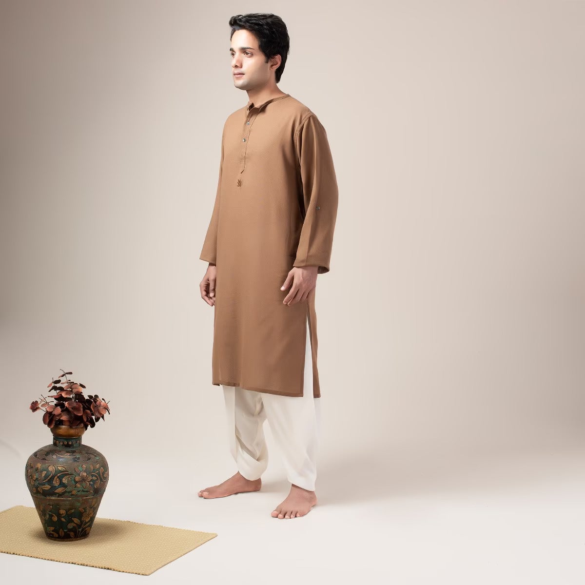 Premium Cotton Collarless Long Kurta - Brown