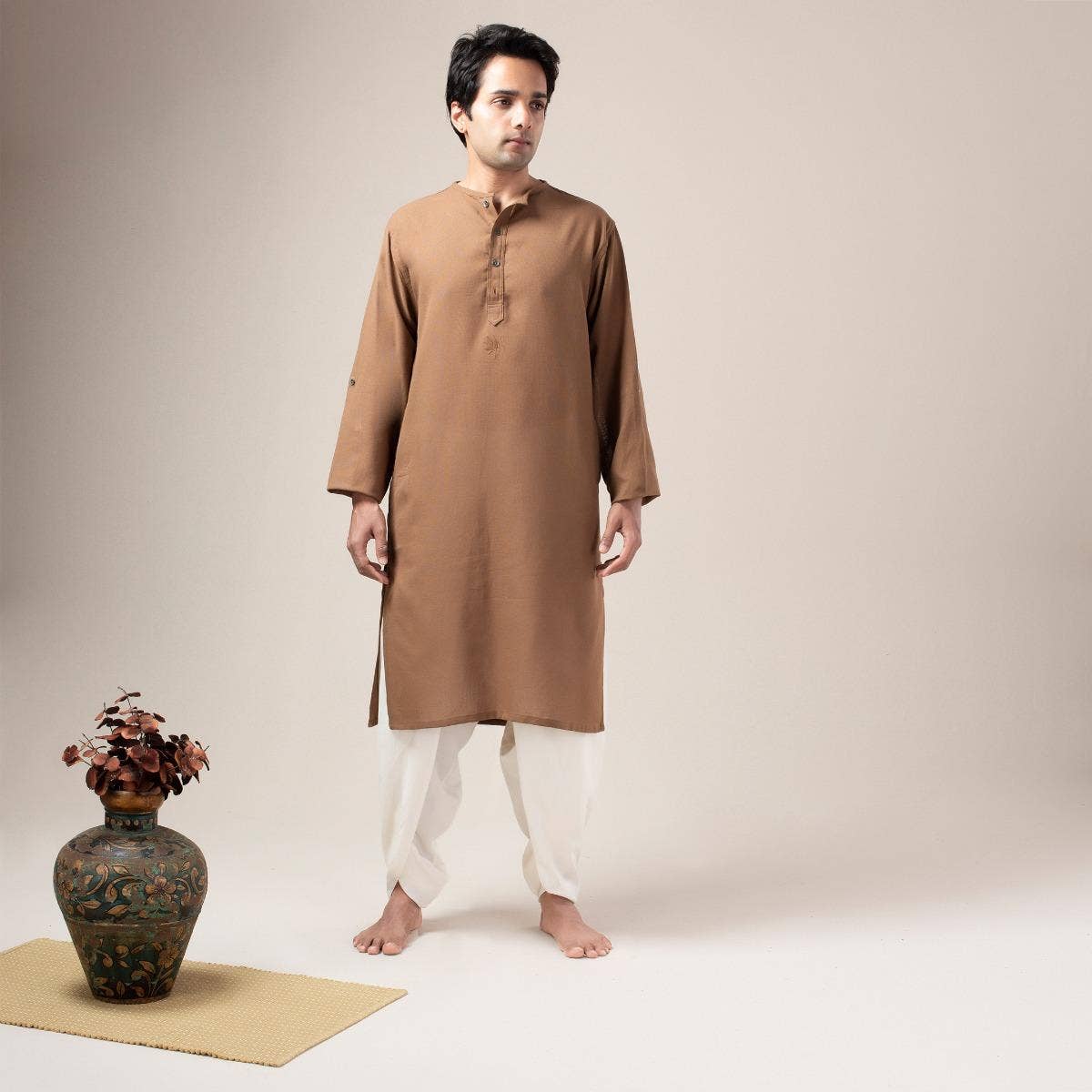 Premium Cotton Collarless Long Kurta - Brown