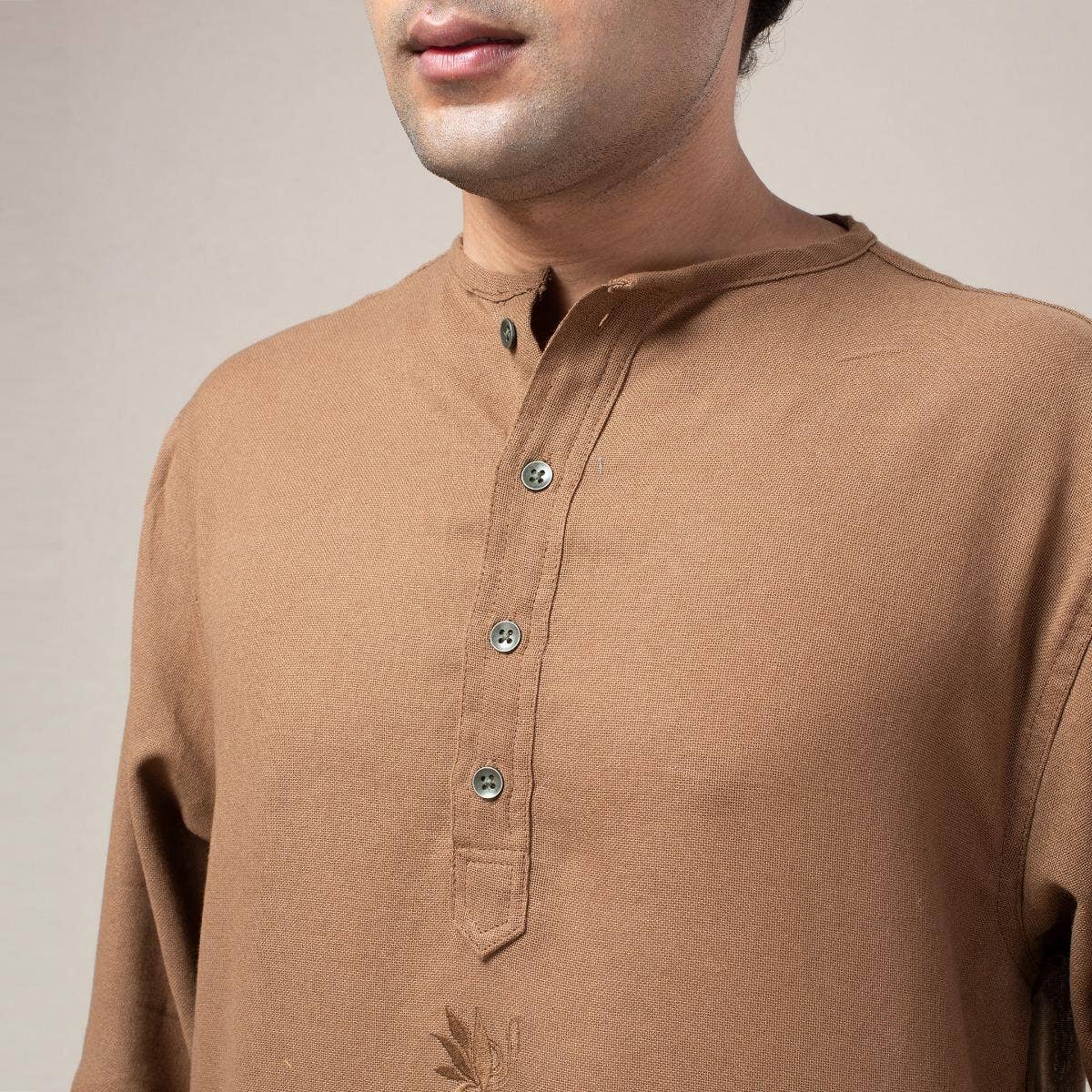 Premium Cotton Collarless Long Kurta - Brown