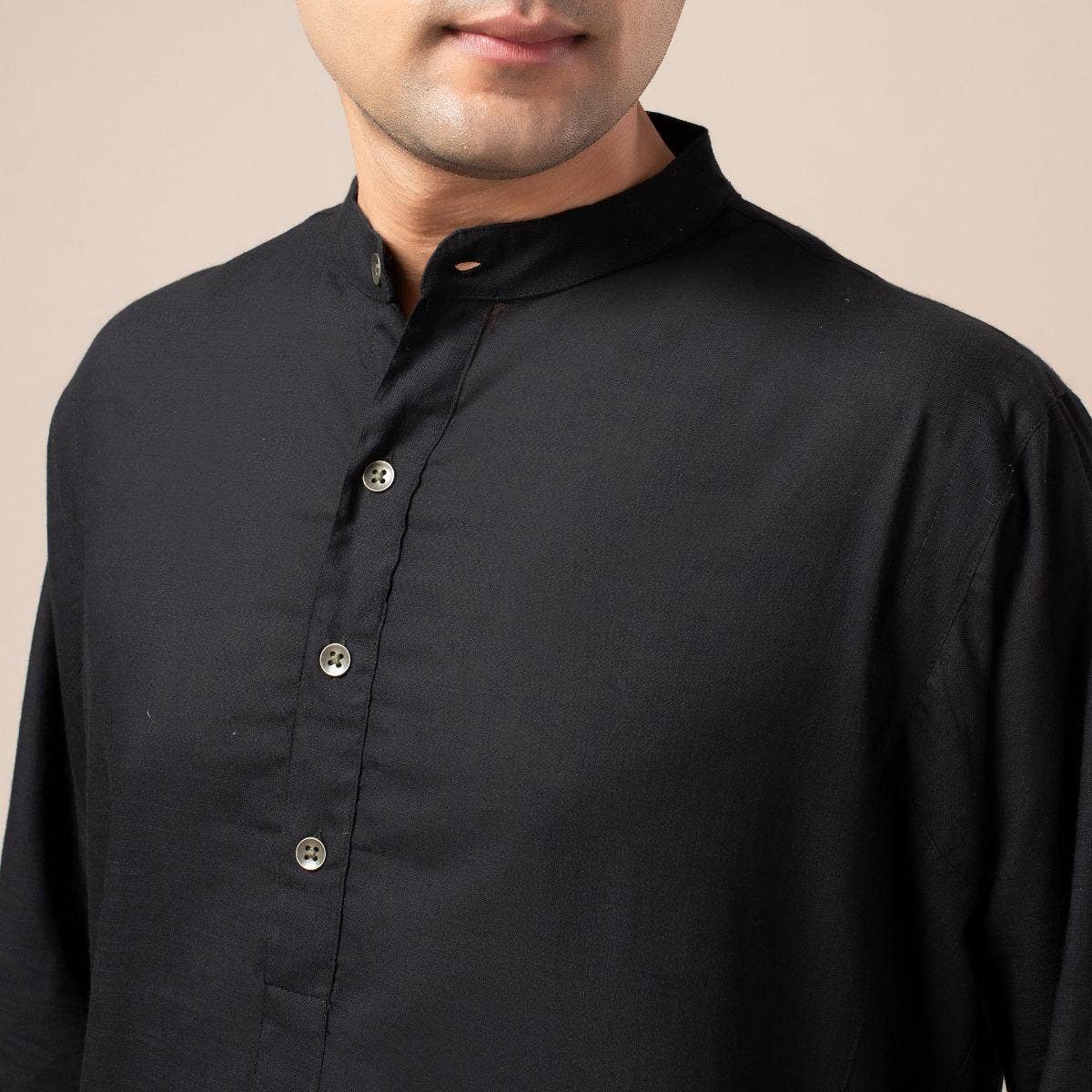 Two Way Slub Panelled Kurta - Black