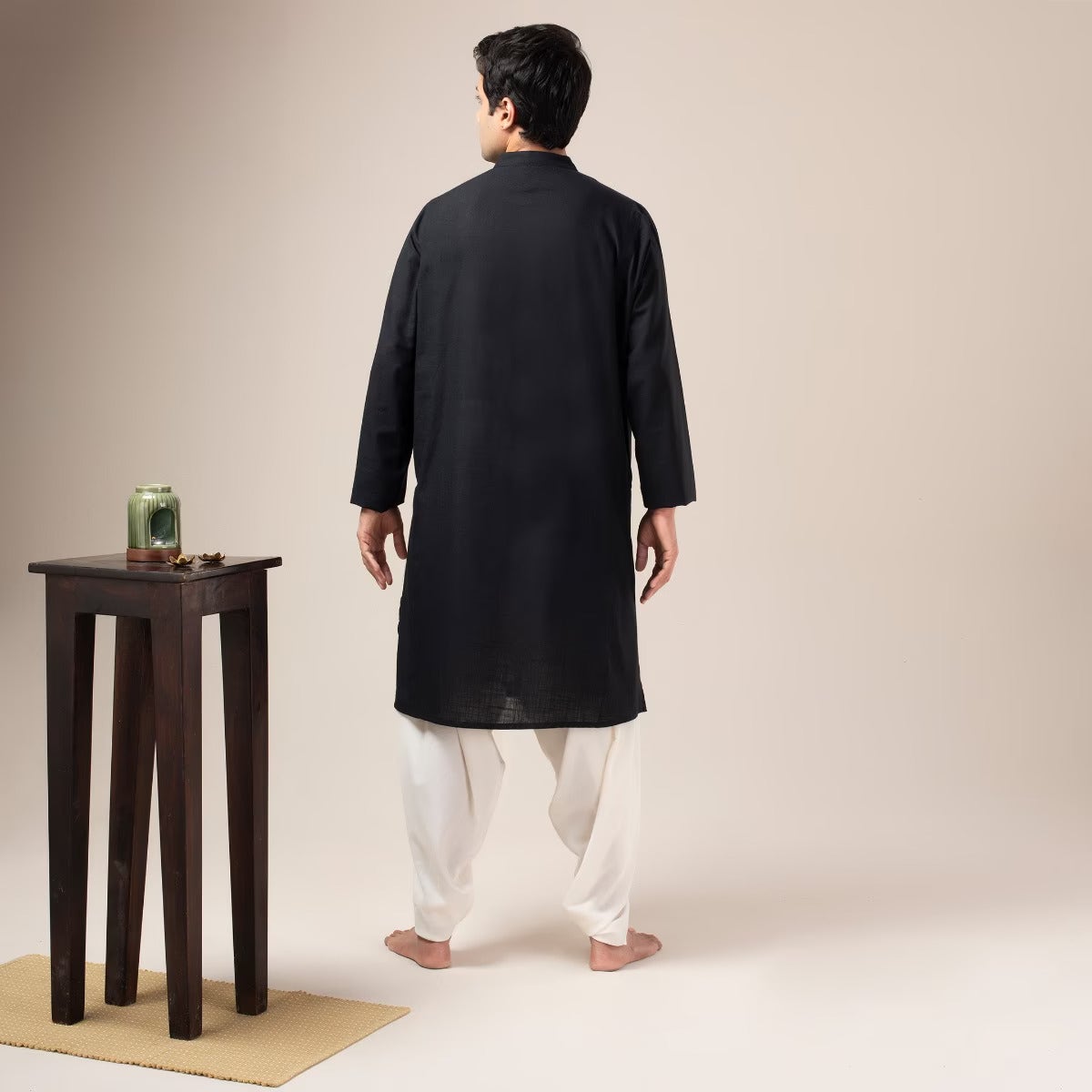 Two Way Slub Panelled Kurta - Black
