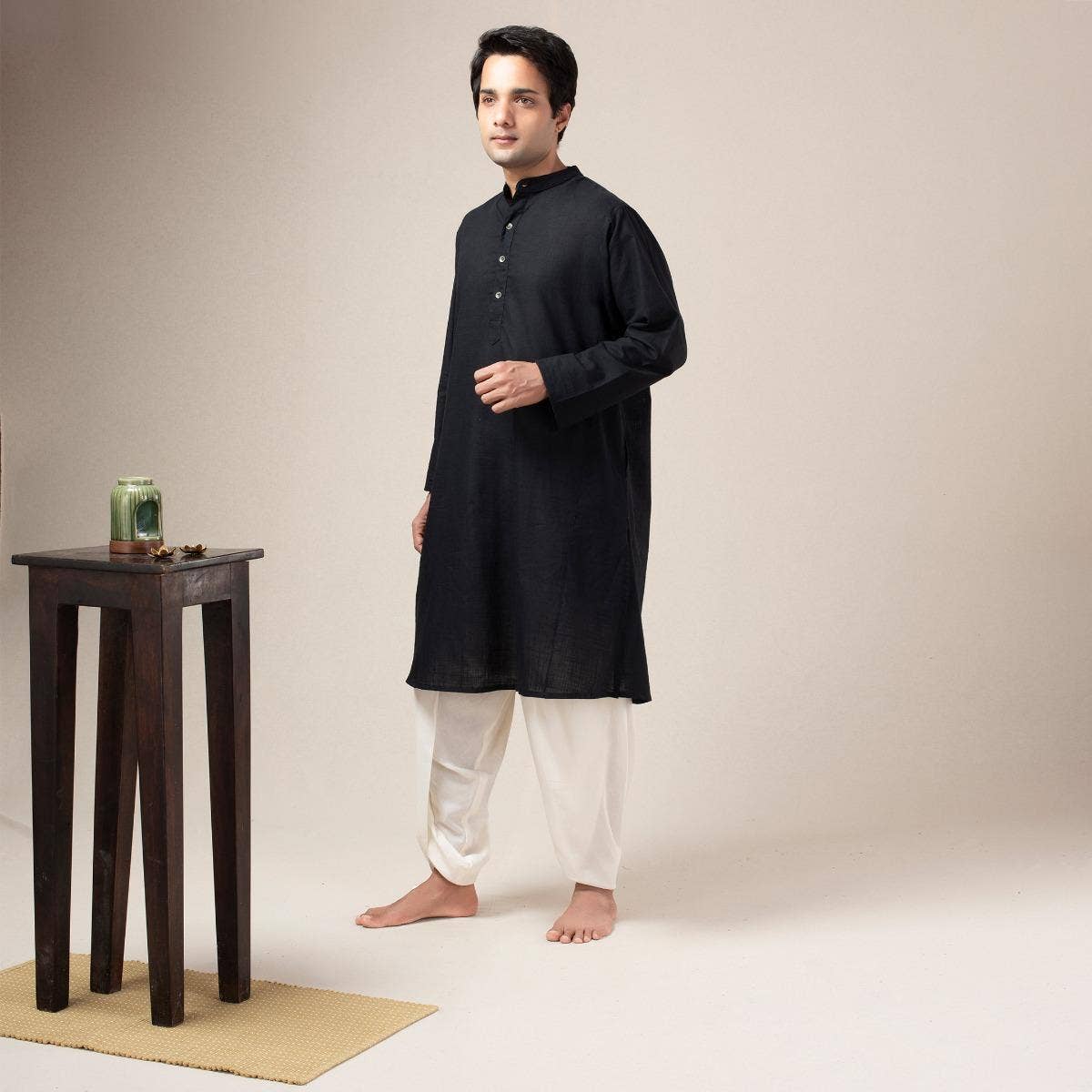 Two Way Slub Panelled Kurta - Black