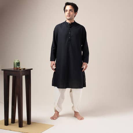 Two Way Slub Panelled Kurta - Black