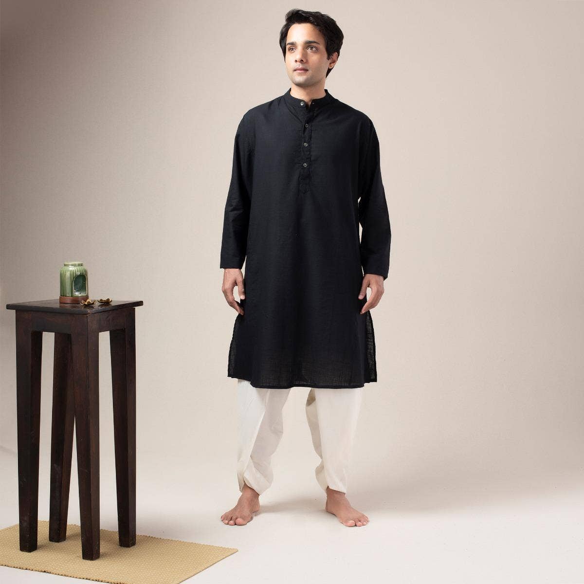 Two Way Slub Panelled Kurta - Black