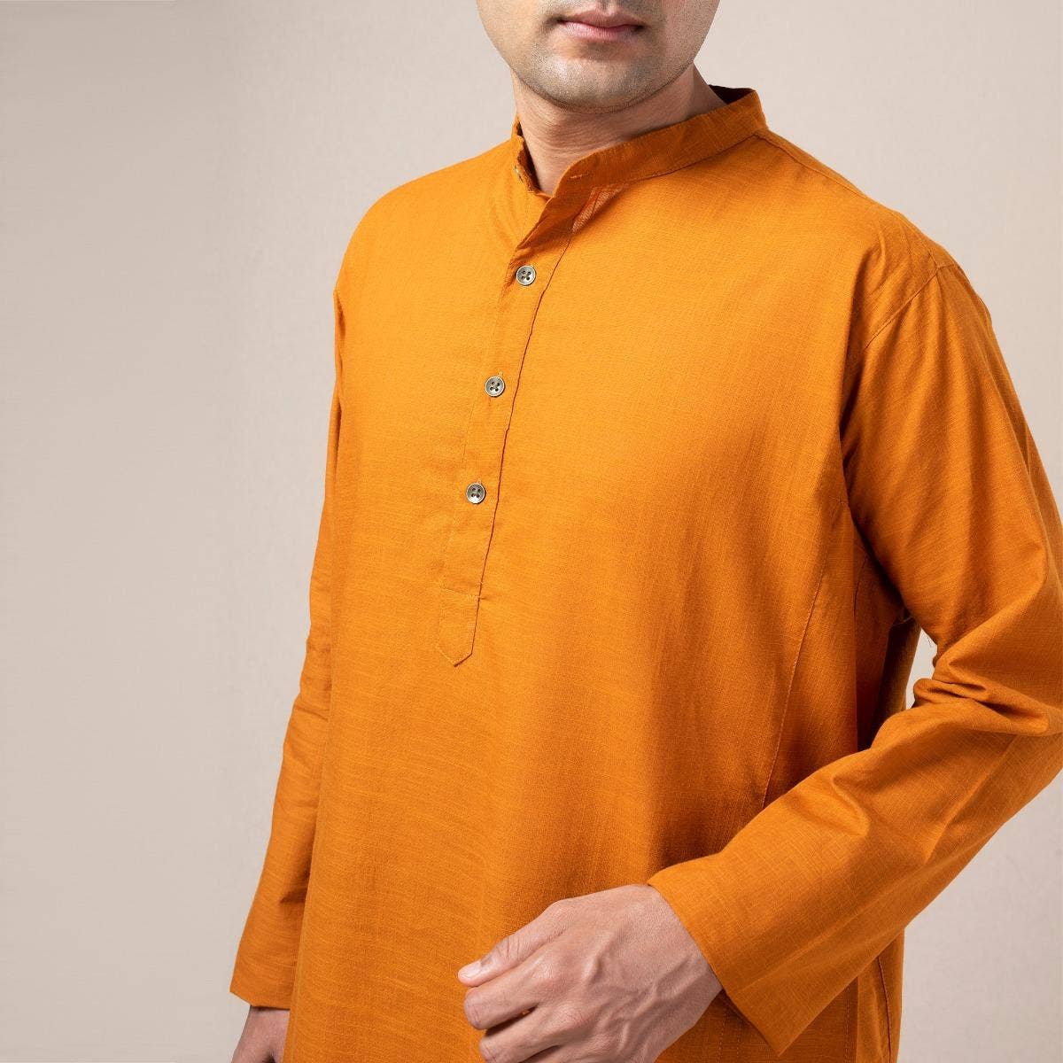 Two Way Slub Panelled Long Kurta - Orange Rust