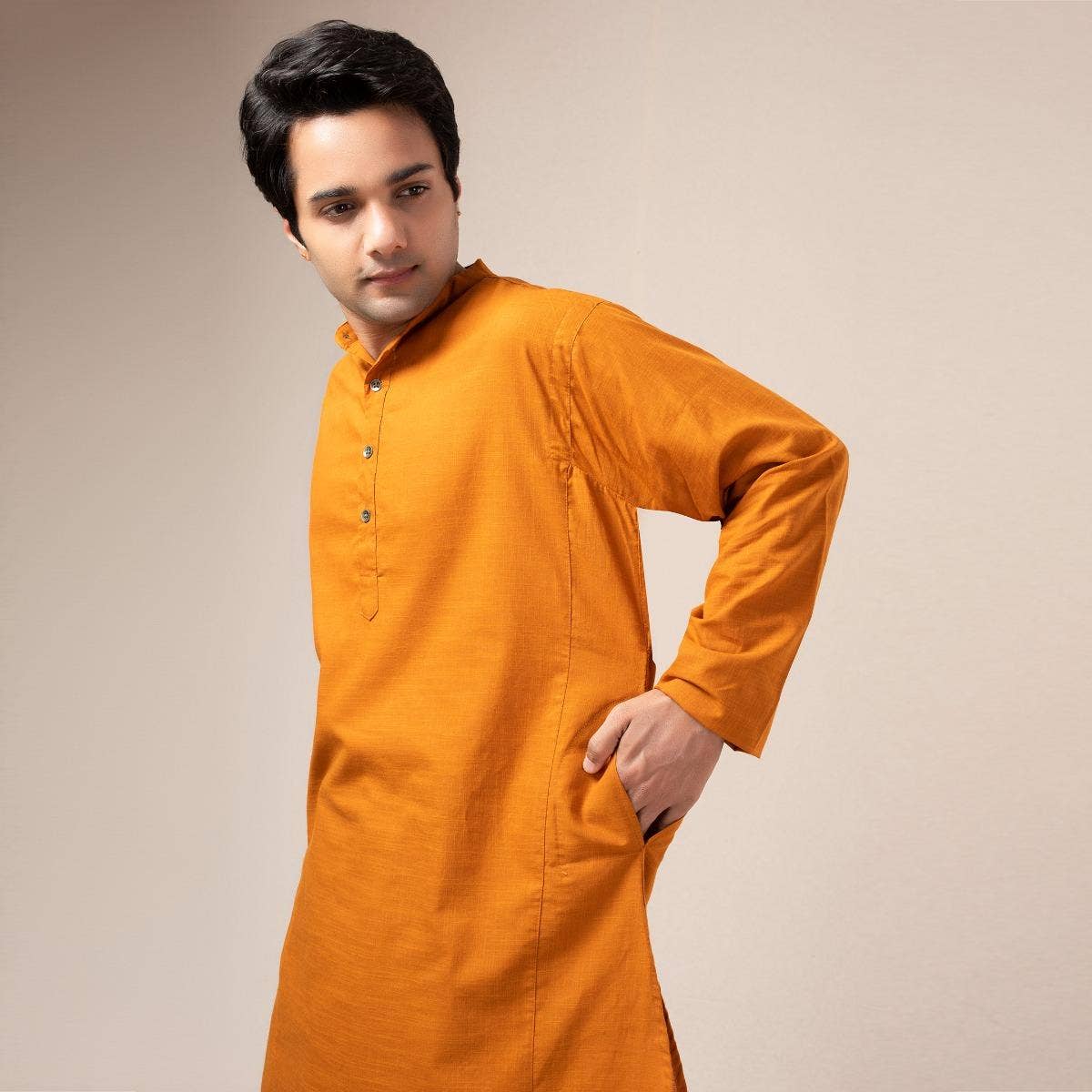 Two Way Slub Panelled Long Kurta - Orange Rust