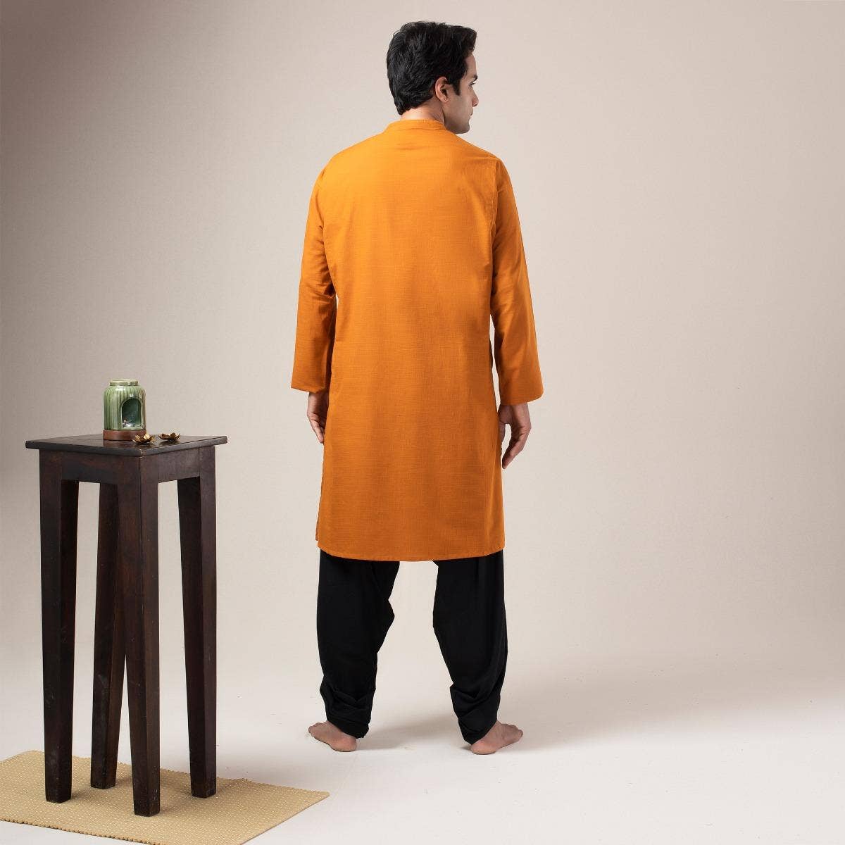Two Way Slub Panelled Long Kurta - Orange Rust