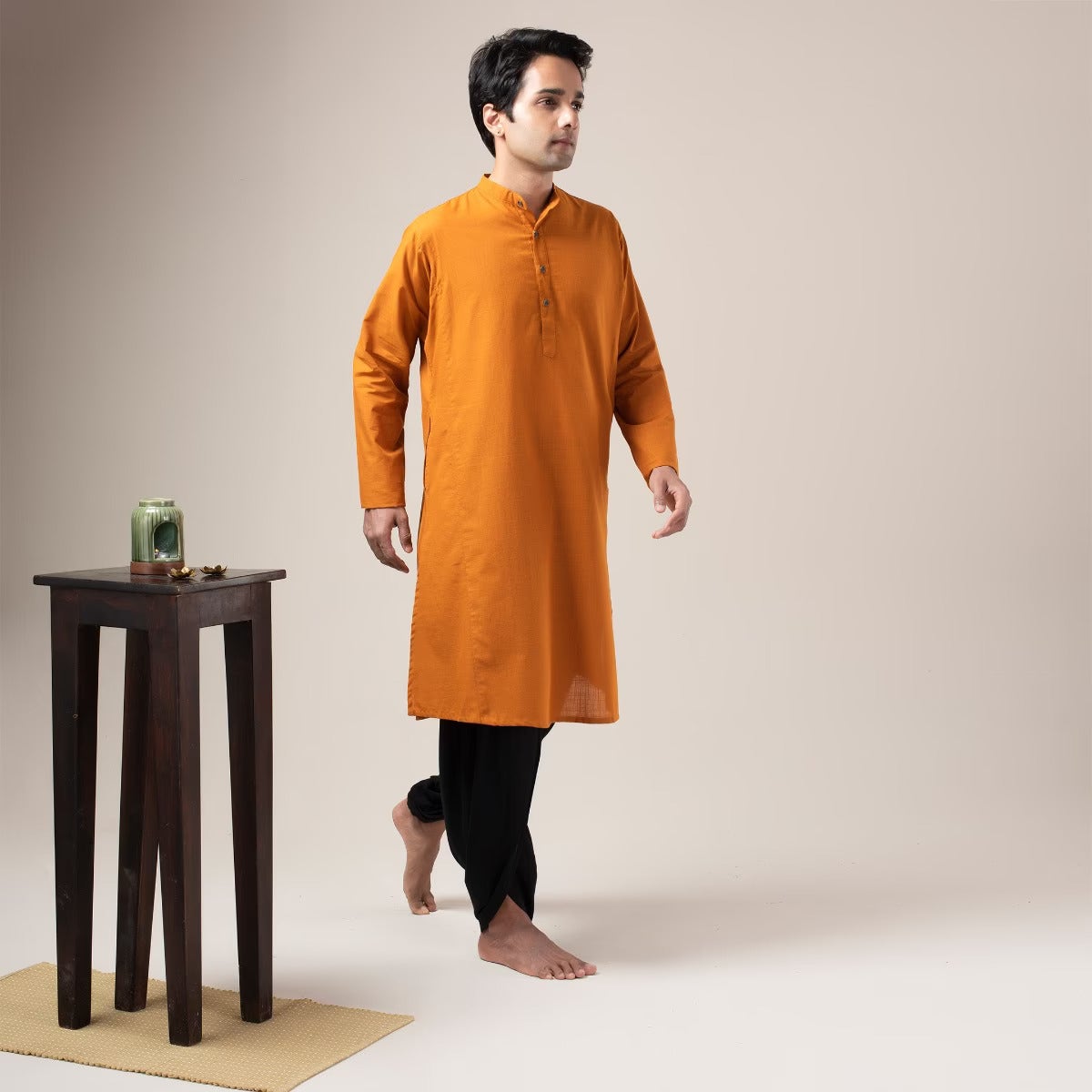 Two Way Slub Panelled Long Kurta - Orange Rust