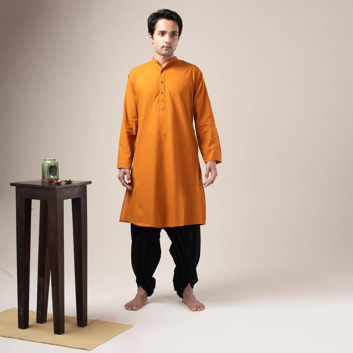 Two Way Slub Panelled Long Kurta - Orange Rust