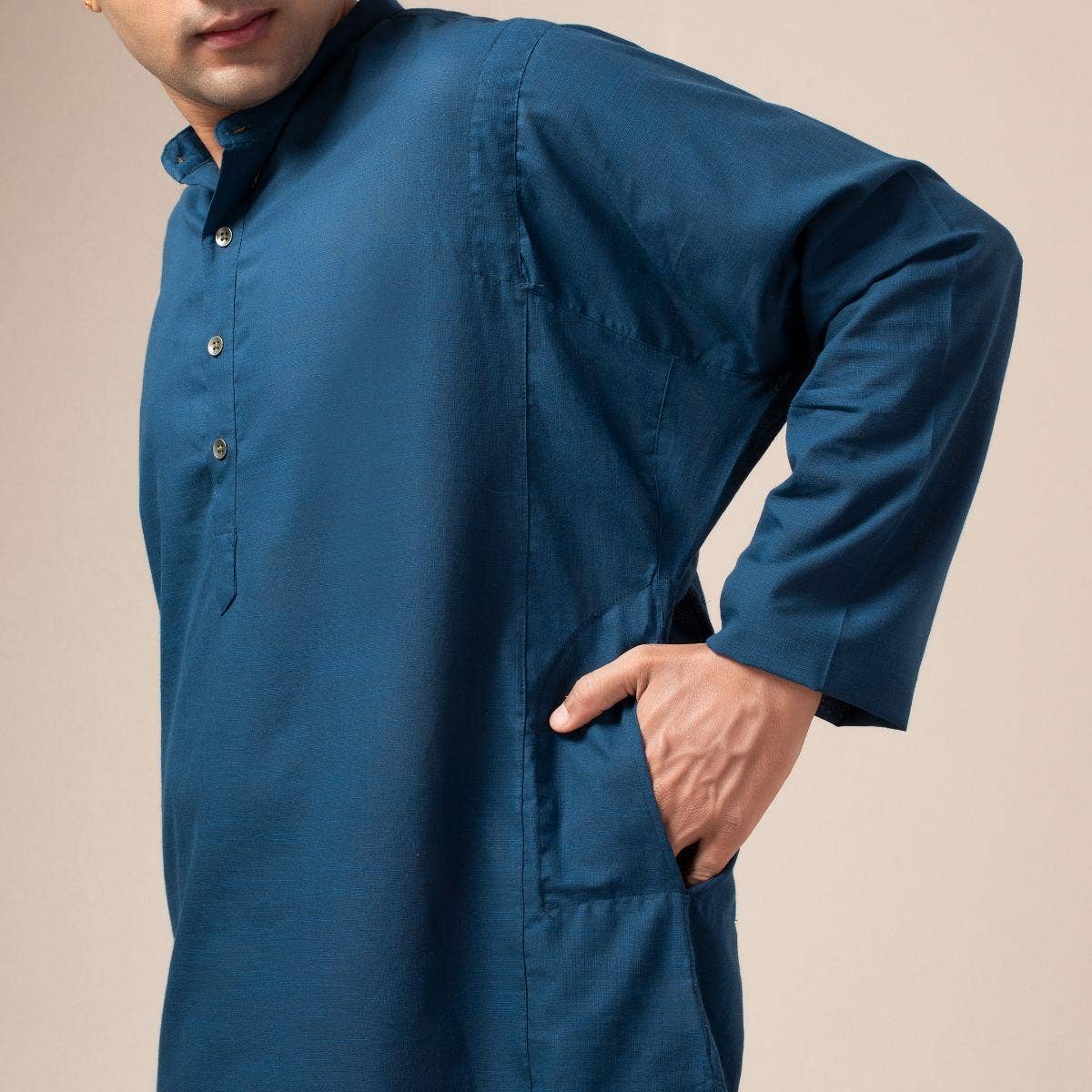 Two Way Slub Panelled Long Kurta - Blue
