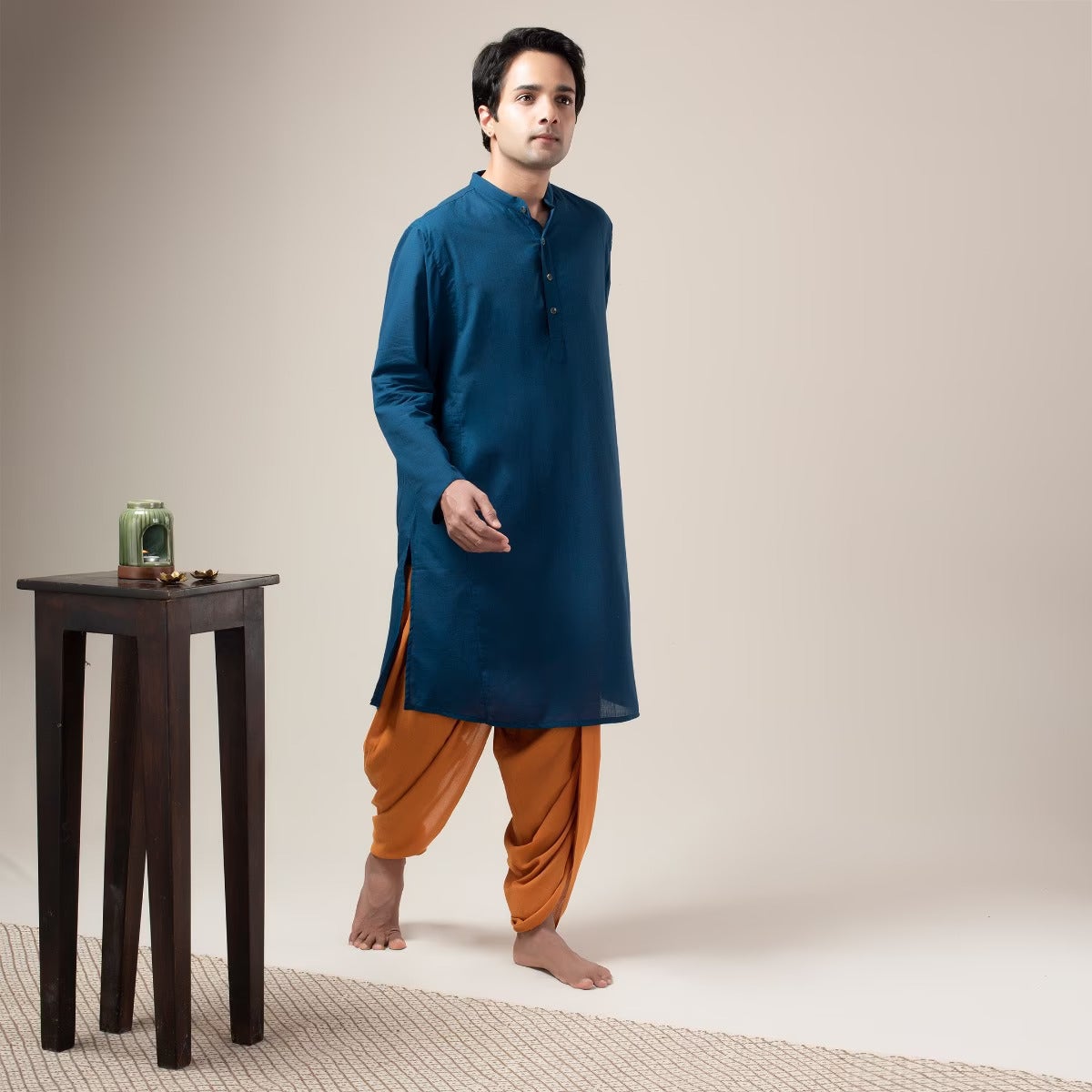 Two Way Slub Panelled Long Kurta - Blue