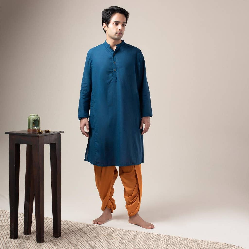 Two Way Slub Panelled Long Kurta - Blue