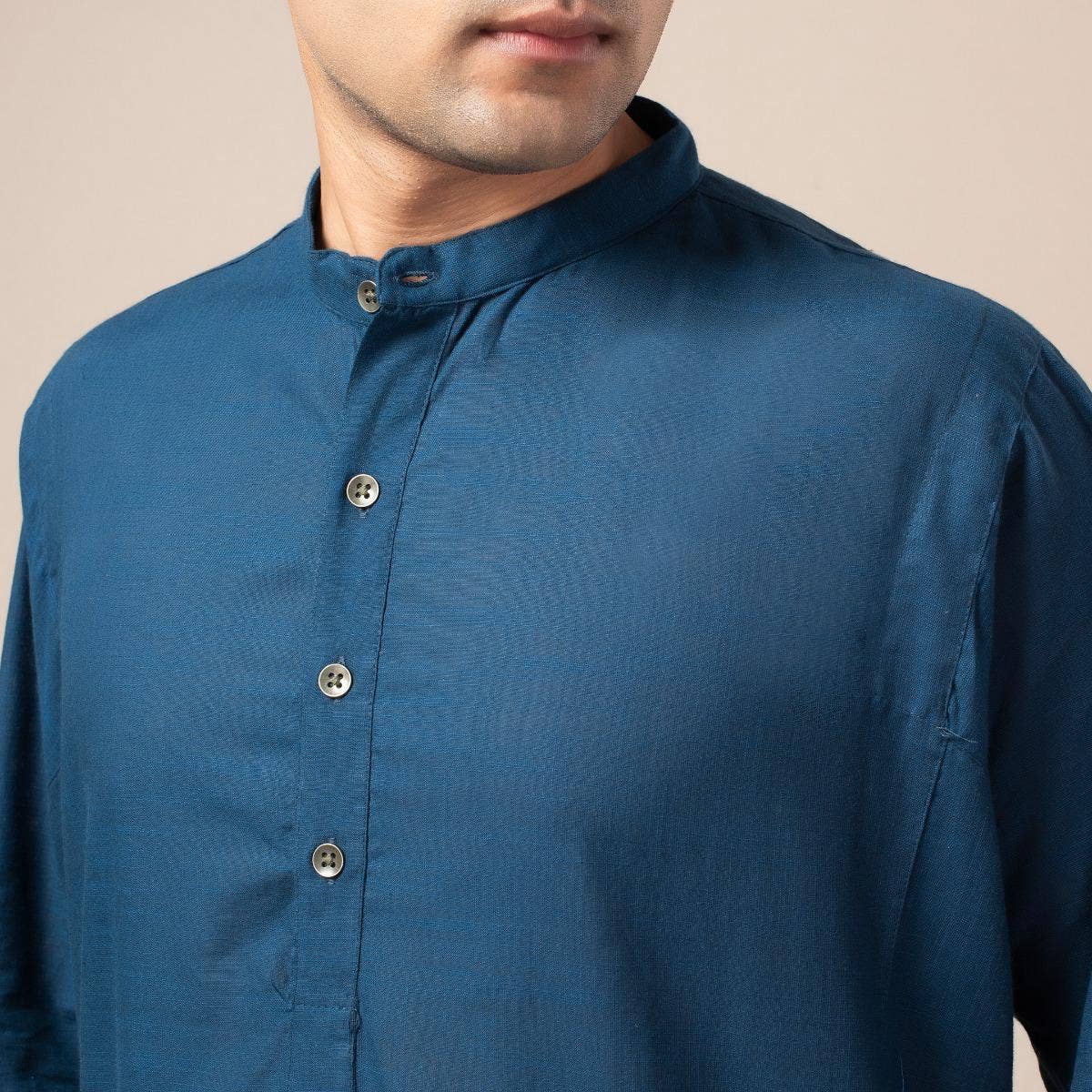 Two Way Slub Panelled Long Kurta - Blue