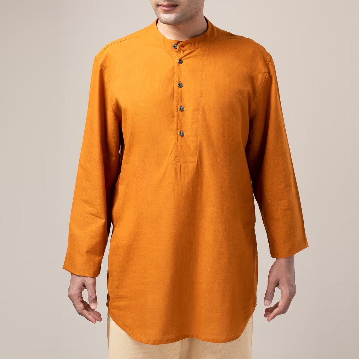 Two Way Slub Asymmetric Placket Kurta - Orange Rust