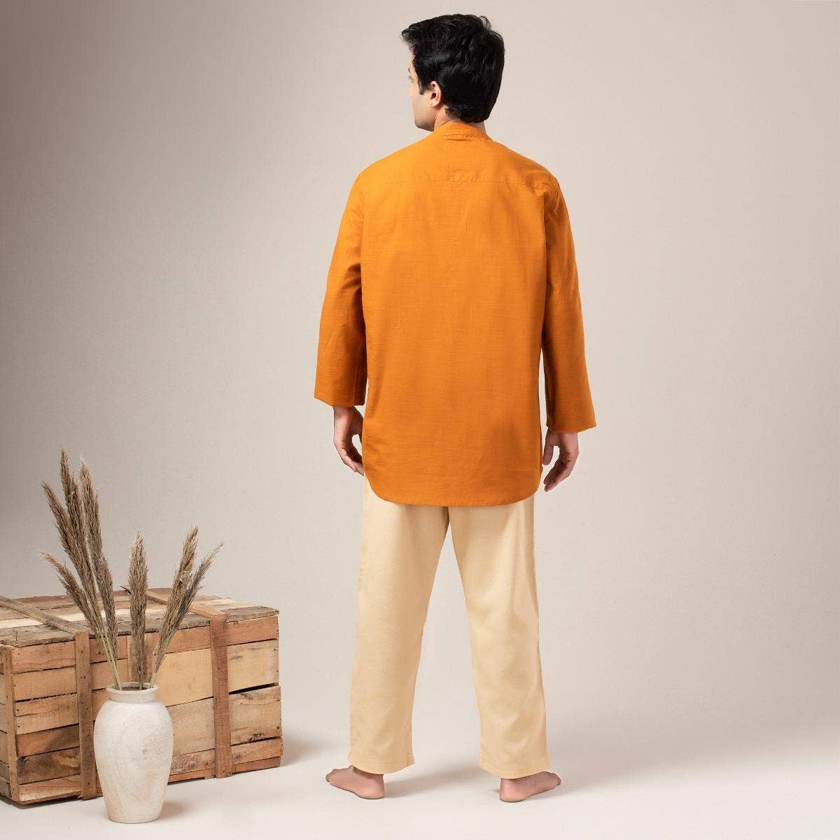 Two Way Slub Asymmetric Placket Kurta - Orange Rust